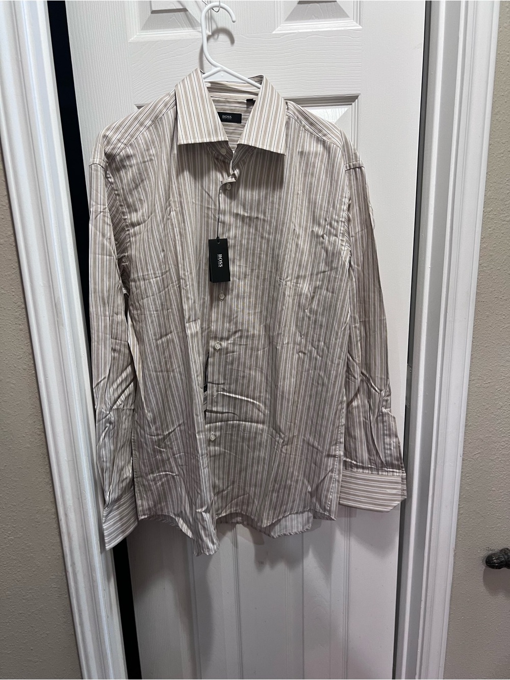 Hugo Boss Slim Fit Stripe Dress Shirt in Beige and White